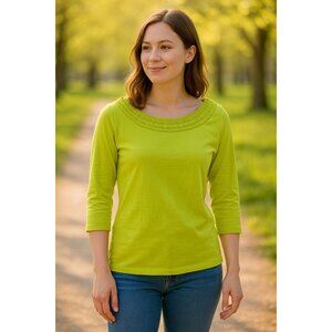 Coldwater Creek Smocked Neck Top S Lime Green 3/4 Sleeve Cottagecore Minimalist